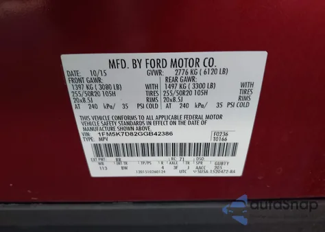 2016 Ford Explorer Xlt from USA, damaged, VIN 1FM5K7D82GGB42386